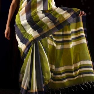 Pesta green and Ash strip blended silk sree